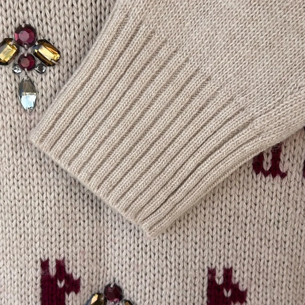 J. Crew Women’s Llama Intarsia Knit Wool Blend Sweater Jewel Embellished Size Lg